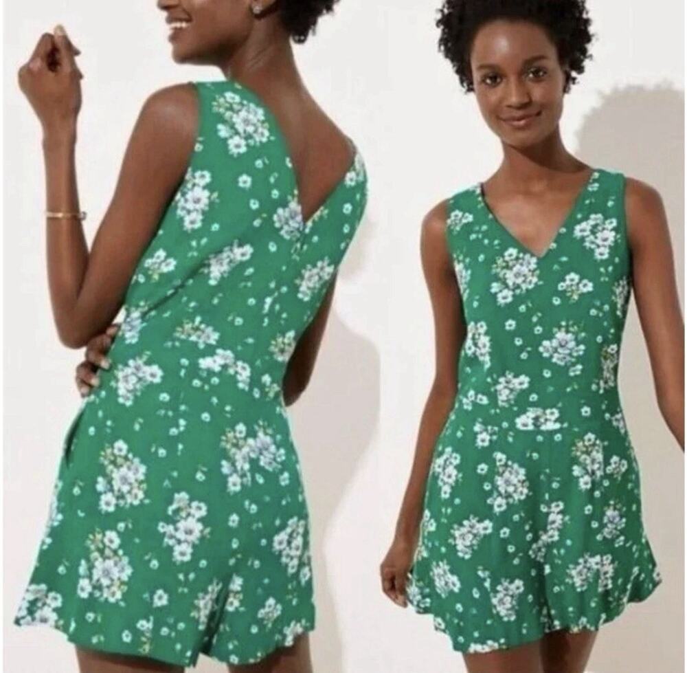 Loft Women's Kelly Green Floral V Neck Sleeveless Flowy Short Romper Pockets 12